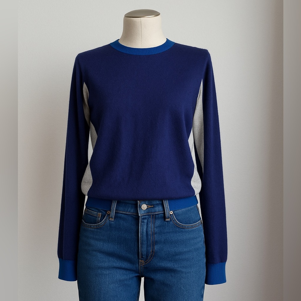 DEMYLEE 100% Cashmere Crew Neck Sweater Blue/Gray Colorblock Medium
